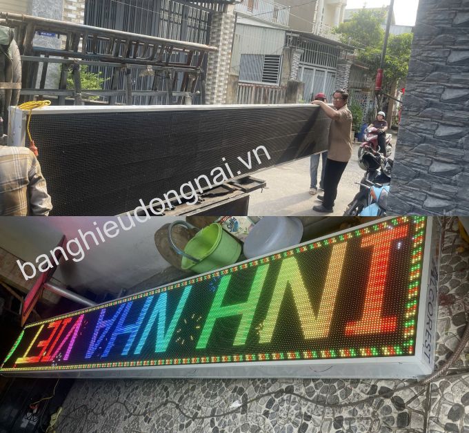 Đội ngũ kỹ thuật đang vân chuyển và lắp đặt biển hiệu LED tại Long Thành